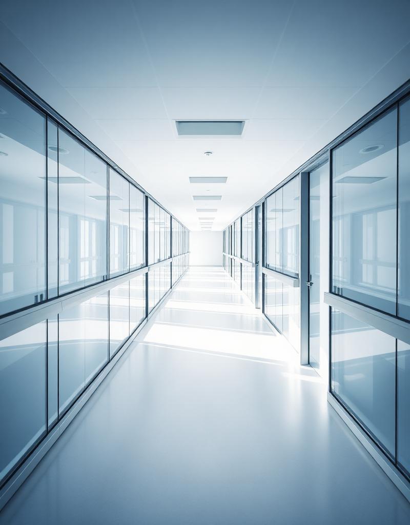 Modern hospital corridor with glass partitions representing entity isolation
